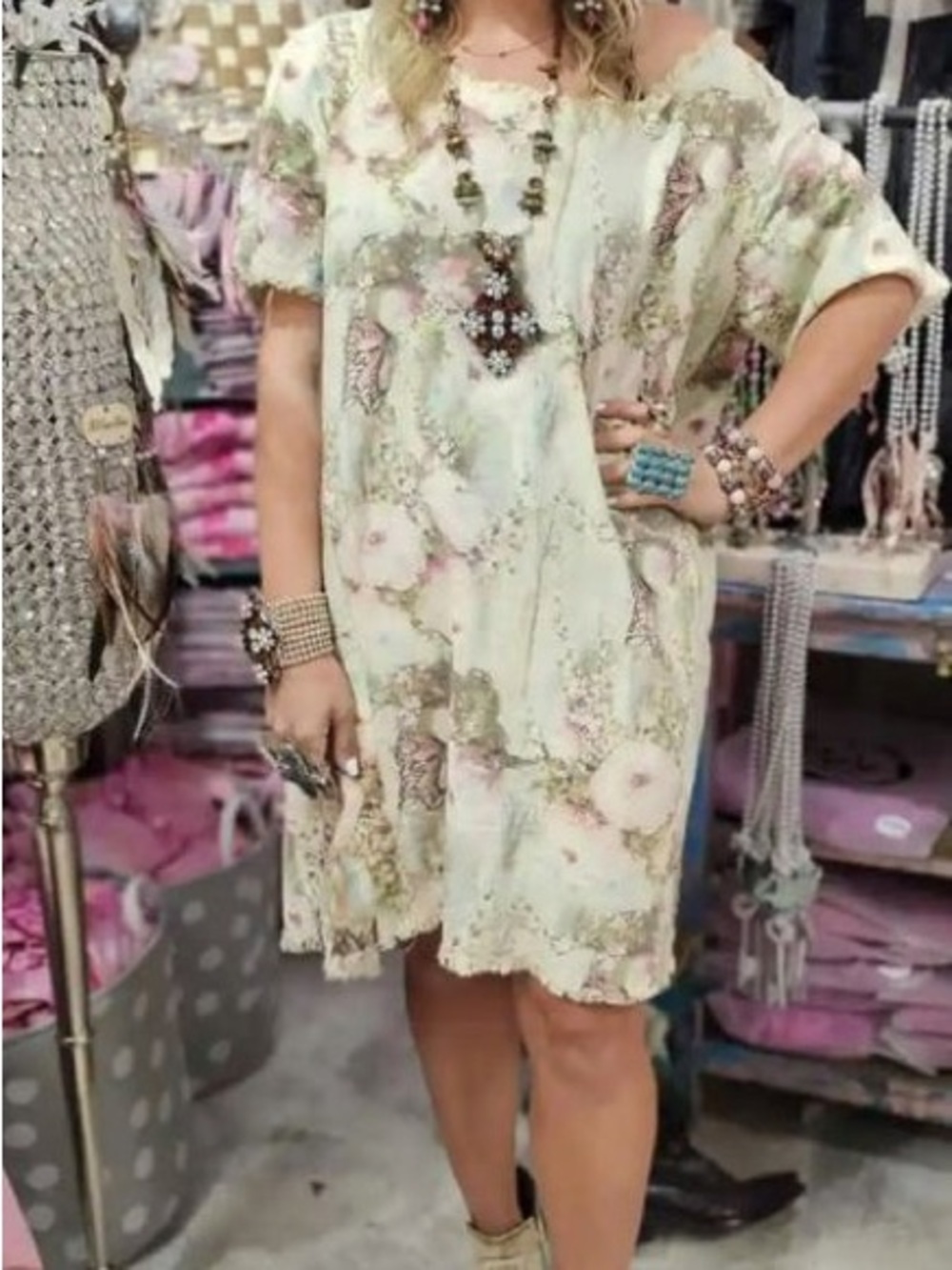 Boho Floral Off-Shoulder Shift Dress in Cream and Pink